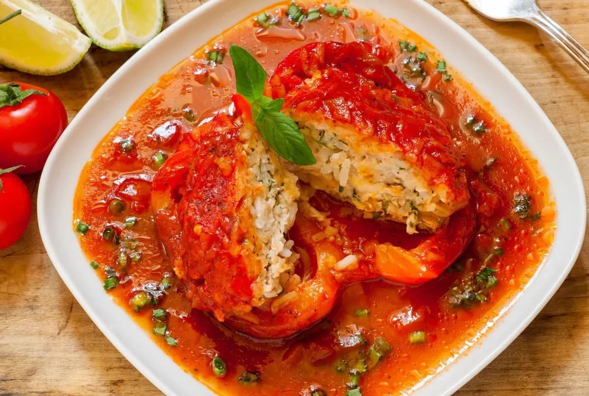 Stuffed Peppers in Tomato Vegetable Sauce
