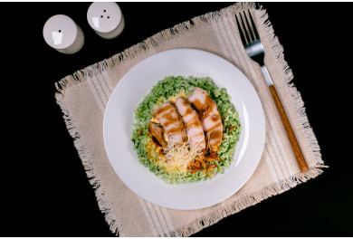 Tender Turkey with Spinach Rice & Creamy Cheddar Sauce
