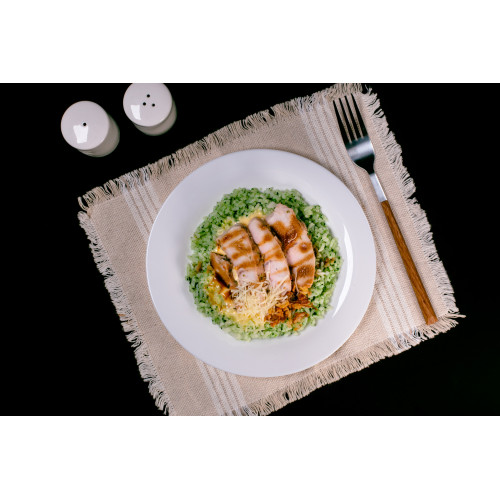 Tender Turkey with Spinach Rice & Creamy Cheddar Sauce